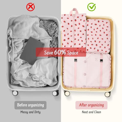 9 Set Packing Cubes for Travel Essentials - Lightweight Carry-On Luggage Organizer Bags with Shoe, Clothes & Laundry Bags for Airplane, Family & Business Travel, Pink strawberry - color: Pink strawberry