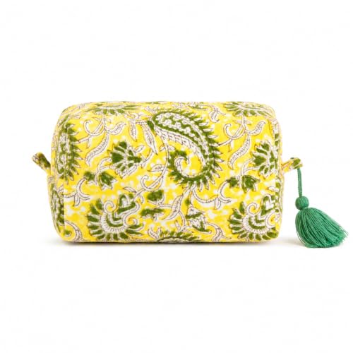 Huar Travel Makeup Bag- Large Capacity Cosmetic Bags for Women - Water Resistance Lining Portable Pouch & Open Toiletry Bag - Perfect Girls Makeup Organizer for Travel Essentials (Velvet Lemon Bloom) - color: Lemon Bloom