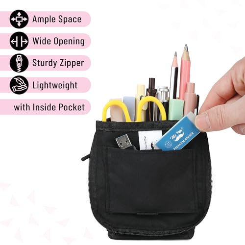 Mr. Pen- Standing Pencil Case Pouch, Sit & Lay Mesh-View Design, Black & Pink, Interior Pocket & 2 Elastic Binder Loops, Cute Pencil Case for Girls and Boys - color: Black & Pink