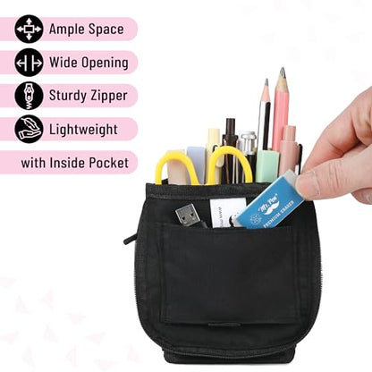 Mr. Pen- Standing Pencil Case Pouch, Sit & Lay Mesh-View Design, Black & Pink, Interior Pocket & 2 Elastic Binder Loops, Cute Pencil Case for Girls and Boys - color: Black & Pink
