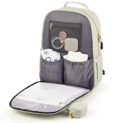 MOMUVO Diaper Bag Backpack, Quilted Baby Bag with Changing Pad and Stroller Straps and Pacifier Case, Multifunction Waterproof Travel Diaper Bags, Unisex, Beige - color: Beige