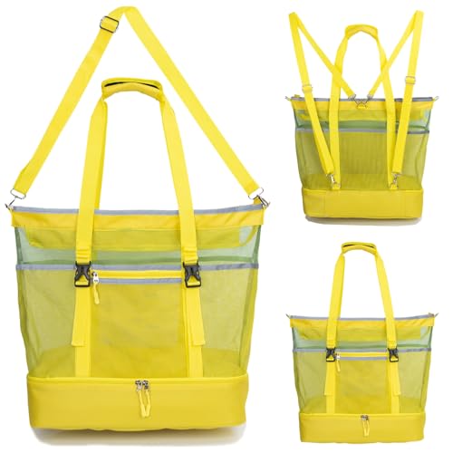 Mesh Beach Bag with Cooler Large Travel Family Vacation Essentials Pool Swimming Zipper Pocket Durable 9 Pockets - color: Yellow-green
