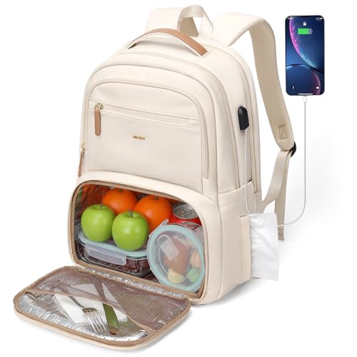 MDODO Lunch Backpack for Women Men,15.6Inch Insulated Lunch Box Backpack with USB Charging Port, Diaper Laptop Back pack for Travel Picnic Work Teacher Nurse,Beige - color: Beige, size: 15.6 Inch