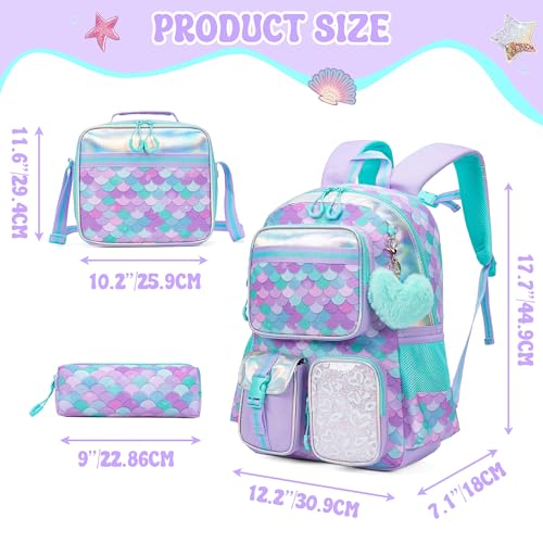 Meetbelify Mermaid Backpack for Girls School Backpack with Lunch Box for Elementary Student Cute School Bag Kids Bookbag for Girls 8-10 - color: Mermaid