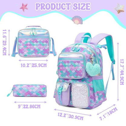 Meetbelify Mermaid Backpack for Girls School Backpack with Lunch Box for Elementary Student Cute School Bag Kids Bookbag for Girls 8-10 - color: Mermaid