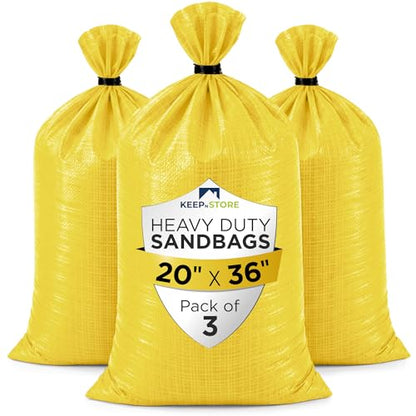 Heavy Duty Sand Bags Pack of 3, Bright Yellow Empty Sandbags with Built-In Ties, Woven Polypropylene UV Protection 1600 Hours, Fillable Bags for Flood Control, Weight, 20x36 inches, 100 Pounds Volume - size: 20"W x 36"L, style: Pack of 3