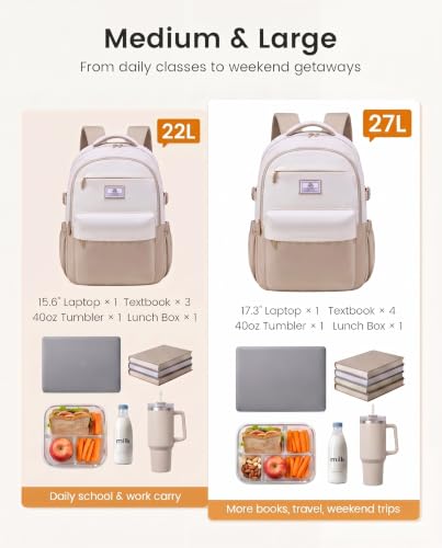 LOVEVOOK Laptop Backpack for Women Teens, 15.6" Computer Bag with 40oz Tumbler Buckle, College School Backpack,14 Pockets - color: Khaki/Cream, size: 17.3inch
