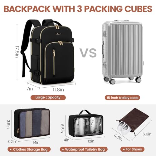 LOVEVOOK Carry on Backpack, Travel Backpack for Women Flight Approved, Waterproof Large Personal Item Travel Bag with 3 Packing Cubes, Daypack Luggage Weekender Overnight Backpack