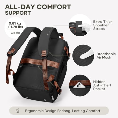 coofay Travel Backpack for Women Men, Carry on Backpack for Airplanes - color: Black With Brown