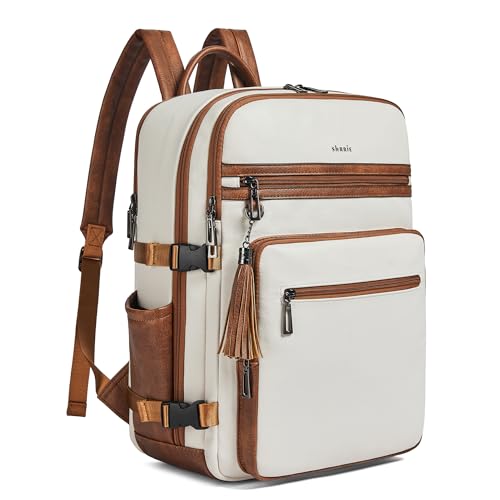 Shrrie Laptop Backpack for Women,Vegan Leather Backpack Work Computer Backpacks fits 16" Laptop,Water Resistant Teacher Nurse Casual Daypack for Weekender Camping Travel,Beige with Brown - color: Beige With Brown