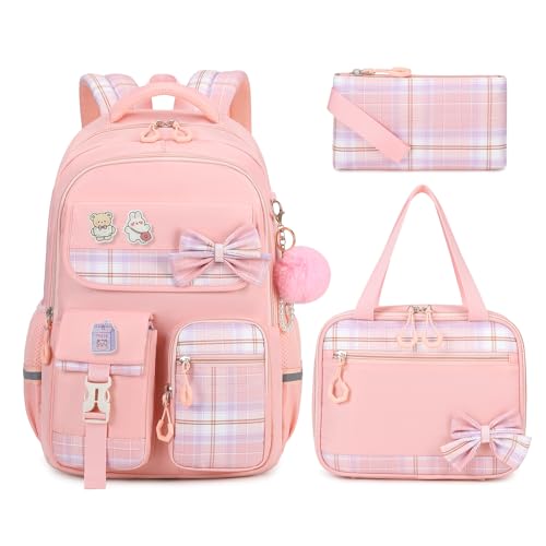 MOONBABY Girls Backpack, Kids Backpack for Girls School Bags with Lunch Bag & Pen Case, Bow Plaid Book Bag for Elementary Middle Primary High School College,Pink-3pcs - color: Pink Set