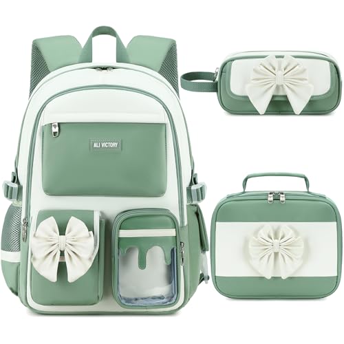 School Backpack for Girls 3PCS Nylon Kids Backpack Set with Lunch Box & Pencil Pouch, Cute Lightweight Teen Girls School Bag Laptop Bag Travel Daypack for Elementary Middle High School Beige Green - color: Green