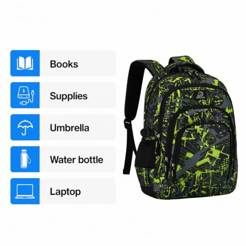 MYGOO Boys School Backpack Archibald Camo Green Bookbag for Elementary Middle School Ages 5-12, 17 inch Large Capacity 24L Kids Student Travel Bags - color: Archibald Camo Green