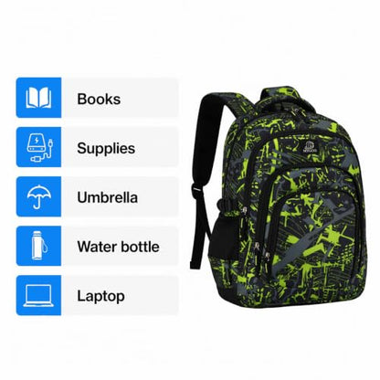 MYGOO Boys School Backpack Archibald Camo Green Bookbag for Elementary Middle School Ages 5-12, 17 inch Large Capacity 24L Kids Student Travel Bags - color: Archibald Camo Green