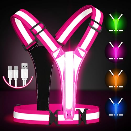 Fokia Kunbio LED Reflective Running Vest Gear,Light Up Vest Runners Night Walking USB Rechargeable,Up to 11hrs Light with Adjustable Waist/Shoulder for Women Men Kids - color: Pink