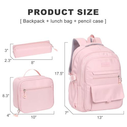 Phaoullzon Teen Girls School Backpack with Lunch Box for Boys, College Aesthetic Laptop Bookbag for Women,Pink - color: Pink