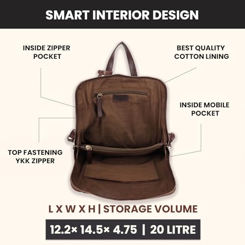 12.5 Inch Genuine Leather Backpack for Women and Men, Brown Leather Backpack with Adjustable Shoulder Strap - color: Brown