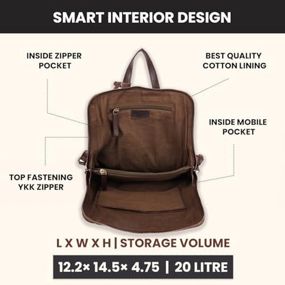 12.5 Inch Genuine Leather Backpack for Women and Men, Brown Leather Backpack with Adjustable Shoulder Strap - color: Brown