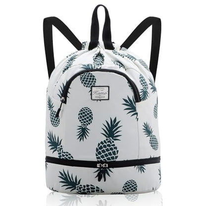 Kamo Drawstring Backpack Bag - Sport Swimming Yoga Backpack with Shoe Compartment, Two Water Bottle Holder for Men Women Large String Backpack Athletic Sackpack for Travel - color: Green Pineapple