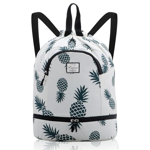 Kamo Drawstring Backpack Bag - Sport Swimming Yoga Backpack with Shoe Compartment, Two Water Bottle Holder for Men Women Large String Backpack Athletic Sackpack for Travel - color: Green Pineapple