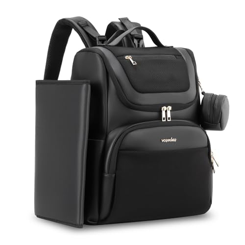 Large Leather Diaper Bag Backpack, Baby Travel Bag with Changing Pad, Insulated Pockets, Stroller Straps and Pacifier Case, Water-Resistant Diaper Bag for Mom and Dad, Black - color: Black