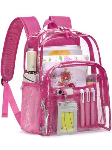 Clear Backpack Heavy Duty, 15 Inch Large TPU Clear Bookbag for Boys Girls Adult, See Through Book Bag Transparent Backpacks with Multiple Pockets for School College Work Casual Sport,Rose Red - color: Rose Red, size: Small