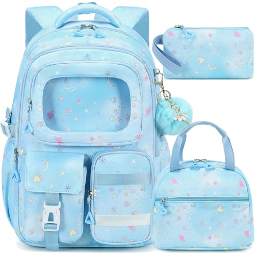 AO ALI VICTORY Backpack for Girls with Lunch Bag Pencil Case Kids School Bags for Kindergarten Elementary Middle Primary Schoolbag Cute 16 inch Laptop Bookbag Students 3 PCS Cute Bookbag, Blue Set - color: Blue Set