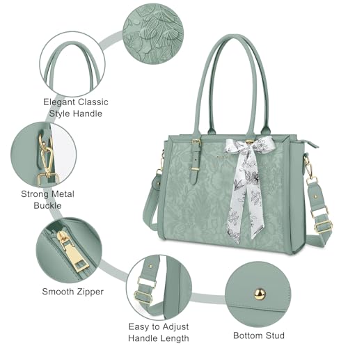 MOSISO Laptop Bag for Women, 17-17.3 inch PU Leather Tote Bag Compatible with MacBook, HP, Dell, Asus Notebook, Front Embossed Retro Hibiscus Computer Bags with Silk Scarf&Clutch Purse, Antique Green - color: Antique Green, size: 17.3 inch