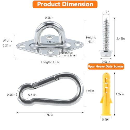 1700 lbs Capacity 2PCS 3.91in 304 Stainless Steel Pad Eye Hooks,2PCS 3.92in Snap Hooks, 8PCS Heavy Duty Screws for Hammock Hanging,Swing Hanging,Wall and Ceiling Mount,Indoor and Outdoor - style: 3.92 Inches Heavy Duty Pad Eye Hooks with Snap Hooks