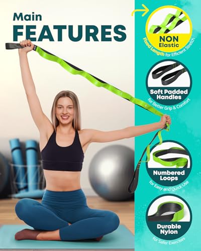 Stretching Strap with Loops - Non Elastic Stretch Band for Physical Therapy, Yoga Strap for Stretching Equipment, Stretch Bands for Exercise and Flexibility - Fascia, Hamstring & Leg Stretcher Belt - style: 10 Loops - Green