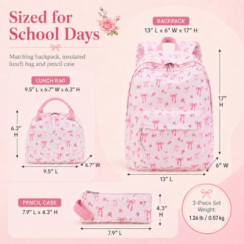 BTOOP School Backpacks for Teen Girls Bookbags Lightweight Kids Backpack School Bags Set with Lunch Box Pencil Case - color: Pink Bow-280
