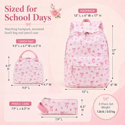 BTOOP School Backpacks for Teen Girls Bookbags Lightweight Kids Backpack School Bags Set with Lunch Box Pencil Case - color: Pink Bow-280