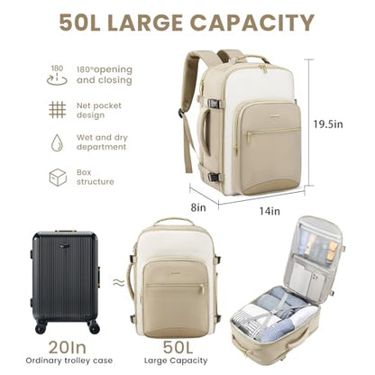 LOVEVOOK 50L Travel Backpack for Women & Men, Airline Approved Carry On Luggage with 3 Packing Cubes, TSA Overnight Bags, Waterproof Personal Item Bag, Weekender Essentials Backpacks fits 17" Laptop - color: Light Grey-beige-pink, size: X-Large