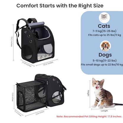 Expandable Cat Carrier Backpack, Large Space, Airline Approved, XL | Pet Carrier Backpack Up to 25 lbs, Portable Pet Travel Backpack, Ideal for Traveling/Hiking /Camping/Vet, Black - color: Black-XL