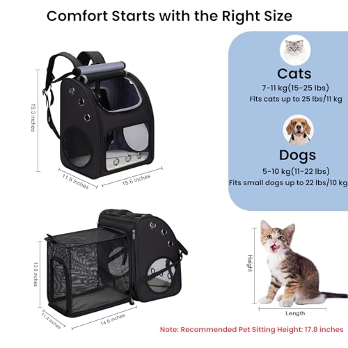 Expandable Cat Carrier Backpack, Large Space, Airline Approved, XL | Pet Carrier Backpack Up to 25 lbs, Portable Pet Travel Backpack, Ideal for Traveling/Hiking /Camping/Vet, Black - color: Black-XL
