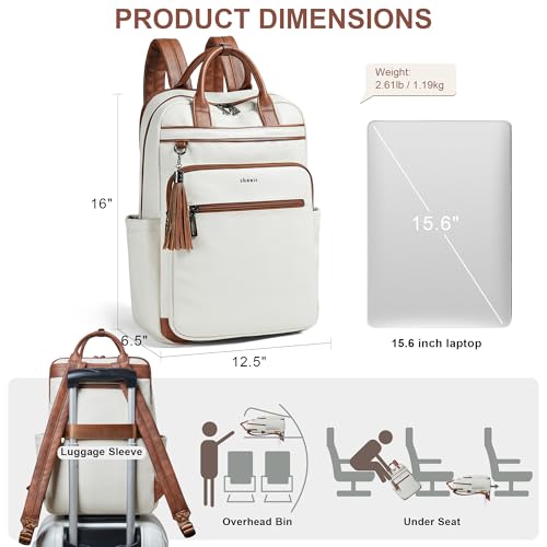 Shrrie Laptop Backpack for Women 15.6 inch Travel Leather Backpack Purse Work Computer Backpacks for Business College Beige - color: Beige