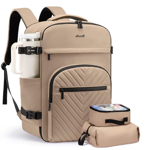 LOVEVOOK 40L Travel Backpack for Women Men, TSA Personal Item Travel Bag Fits 17.3inch Laptop, Waterproof Airline Approved Carry On Luggage With 2 Cubes for Weekender Hiking Business, Khaki - color: Khaki, size: 40L-3Pcs