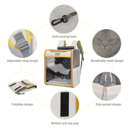 Cawypety Cat Backpack Carrier, Collapsible and Breathability Cat Carrier Large for Cat Under 16 lbs, Dog and Small Pet Carrier Bag Used in Travel, Car - color: Yellow and Beige