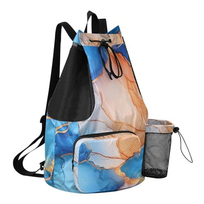 Draw String Back Bag Gym Bag With Pockets String Backpack Bag Waterproof Marble Royal Blue Peach - color: Color 12