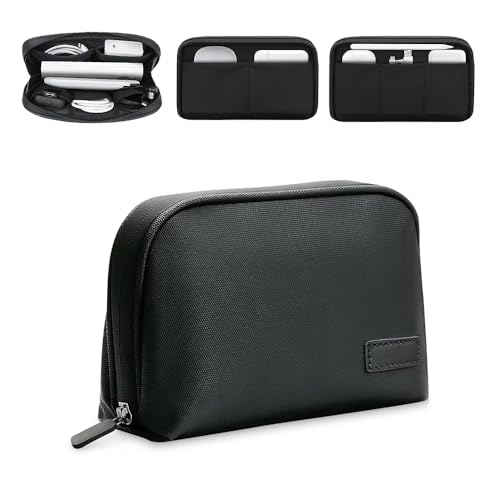Luxury Travel Organizer Bag for Tech, Cables, Cords, Accessories, Carry Case, Premium Solid Pattern Multi Space Pockets, Water-Shock-Dust-Proof, Hard Shell Storage Bag with Compartments, Black