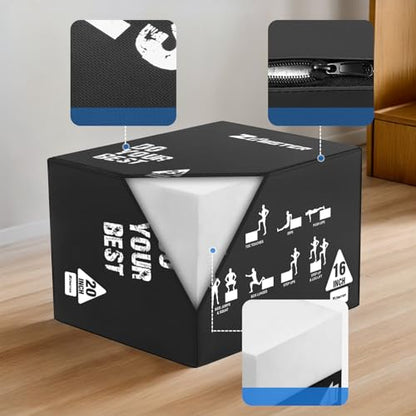 Zoomster 3-in-1 Foam Plyometric Jump Box for Home Gym Jump Training, HIIT, MMA, Weighted Stepup, Push Press and Strength Training - style: 16 X 20 X 24inch / 10lbs