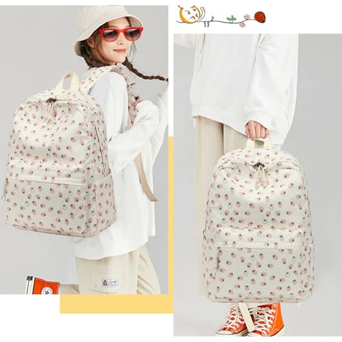 Bluboon School Backpack Set Girls Womens Laptop Bookbag Casual Daypack Fits 15 inch Laptop with Lunch Tote Bag and Pencil Bag - color: Corduroy White Pink Strawberry