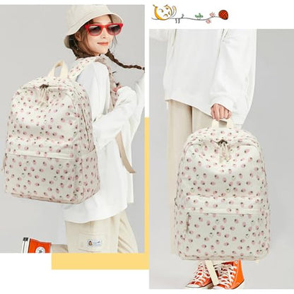 Bluboon School Backpack Set Girls Womens Laptop Bookbag Casual Daypack Fits 15 inch Laptop with Lunch Tote Bag and Pencil Bag - color: Corduroy White Pink Strawberry