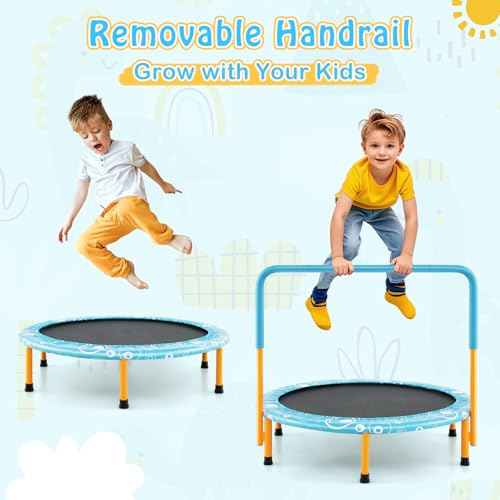 Giantex 36-Inch Mini Trampoline for Kids, ASTM Approved Foldable Rebounder Trampoline with Foamed Handle, Max Loaded 330 lbs, Indoor Safety Padded Fitness Trampoline - color: Light Blue+Orange