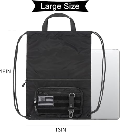 seyfocnia Drawstring Backpack Tactical String Bag with Zipper Pockets Waterproof Cinch Bag Sport Gym Sackpack - Black - color: Black, style: Leisure