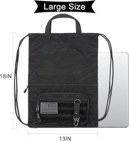 seyfocnia Drawstring Backpack Tactical String Bag with Zipper Pockets Waterproof Cinch Bag Sport Gym Sackpack - Black - color: Black, style: Leisure