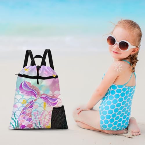 Pink Mermaid Drawstring Backpack, 15” x 17” Waterproof Swim Bag for Beach Swimming Pool, Lightweight Foldable Gym Bag with Water Bottle Holder for Sports Travel - color: Pink Mermaid