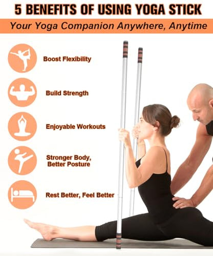 5ft Yoga Stick – Heavy-Duty Steel Adjustable Stretching Bar for Mobility, Flexibility & Balance. Multi-Functional Fitness Pole with 4 Steel Rods & Comfort Foam Grips - color: White