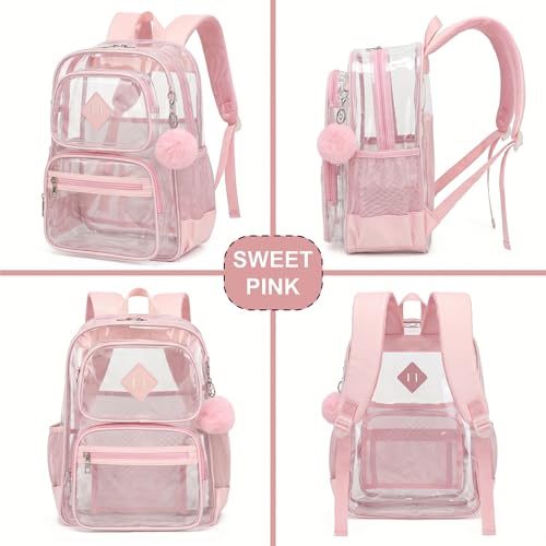 Heavy Duty Clear Backpack for Girls Boys Transparent School Bookbag Kids Durable PVC See Through Backpack - Pink - color: Pink