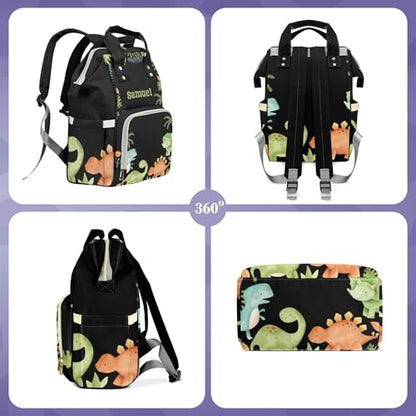 Personalized Diaper Bag with Name, Custom Cute Green Dinosaur Theme Bag, Black Monogram Nappy Backpack with Thermal Pockets for Adults, Large Capacity Waterproof Diaper Bag - color: Cute Dinosaur